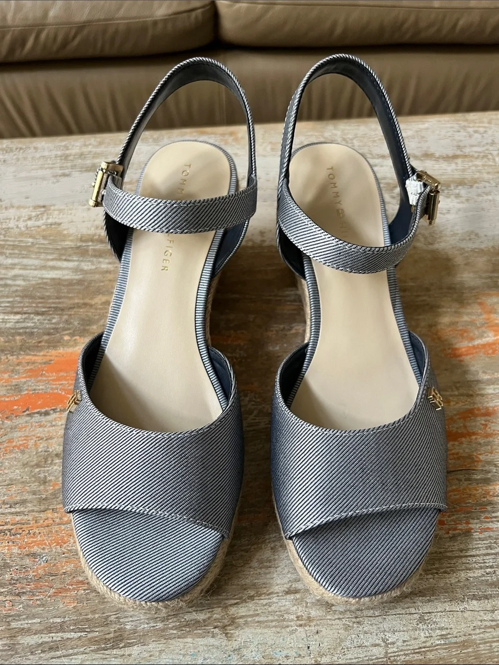 Tommy Hilfiger Denim Blue Espadrille Wedge Sandals with Ankle Strap